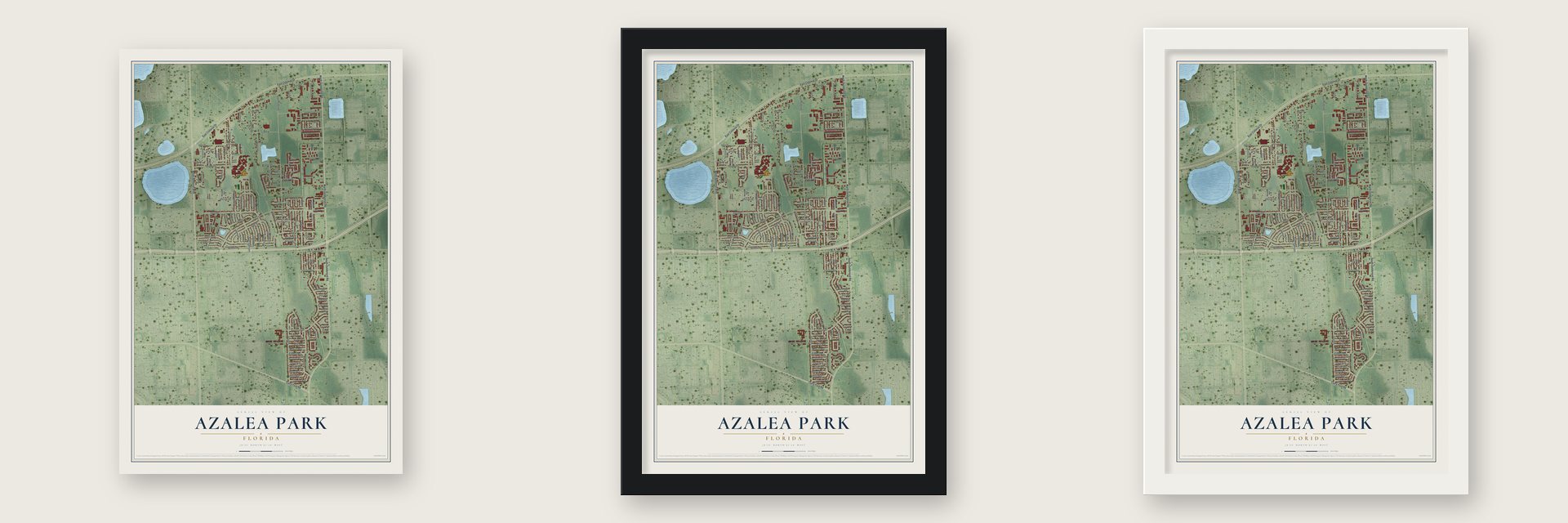 Azalea Park, Florida map unframed, in a black wood frame and in a white wood frame
