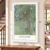 Azalea Park, Florida map, 24 x 36 inch print in a white frame by a staircase
