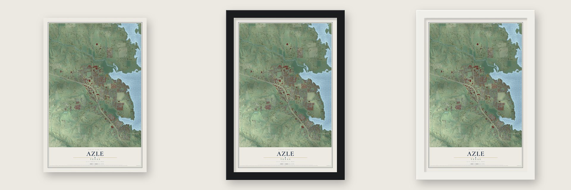 Azle, Texas map unframed, in a black wood frame and in a white wood frame