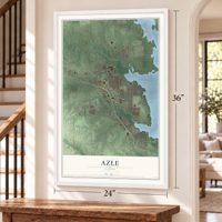 Azle, Texas map, 24 x 36 inch print in a white frame by a staircase