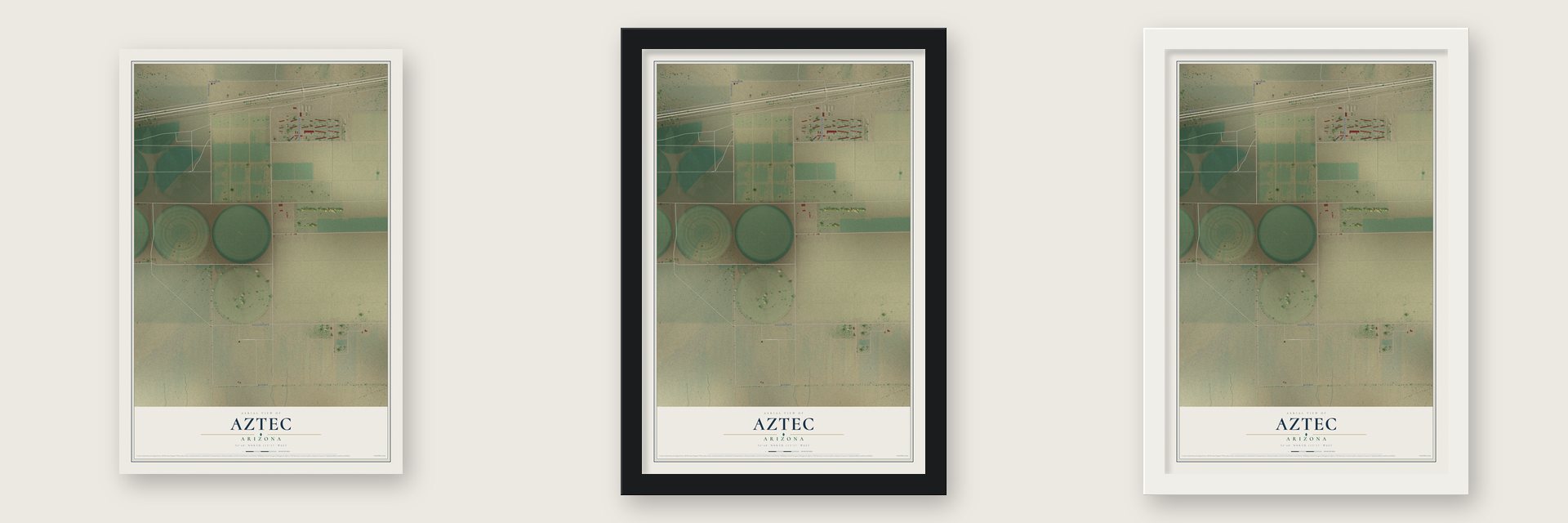 Aztec, Arizona map unframed, in a black wood frame and in a white wood frame