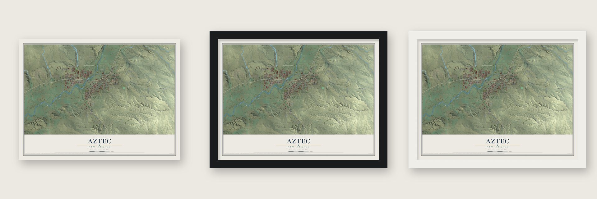 Aztec, New Mexico map unframed, in a black wood frame and in a white wood frame