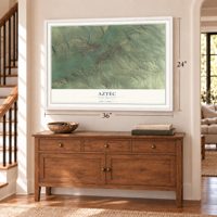 Aztec, New Mexico map, 24 x 36 inch print in a white frame above a dresser by a staircase