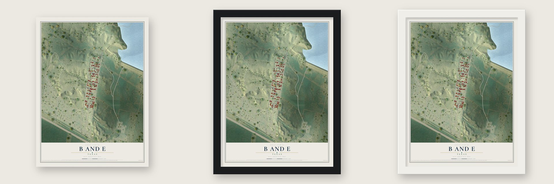 B and E, Texas map unframed, in a black wood frame and in a white wood frame