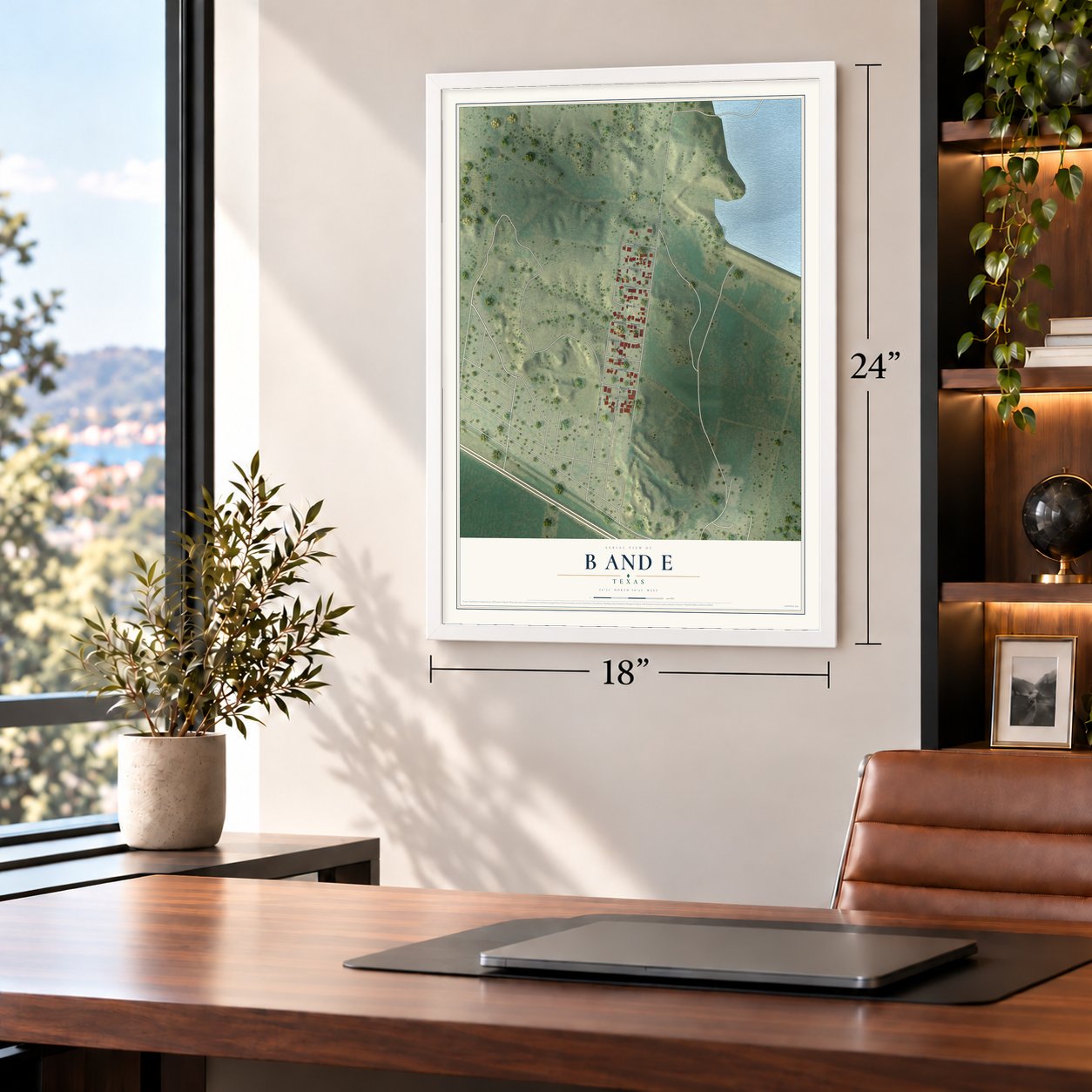 B and E, Texas map, 18 x 24 inch print in a white frame in a home office