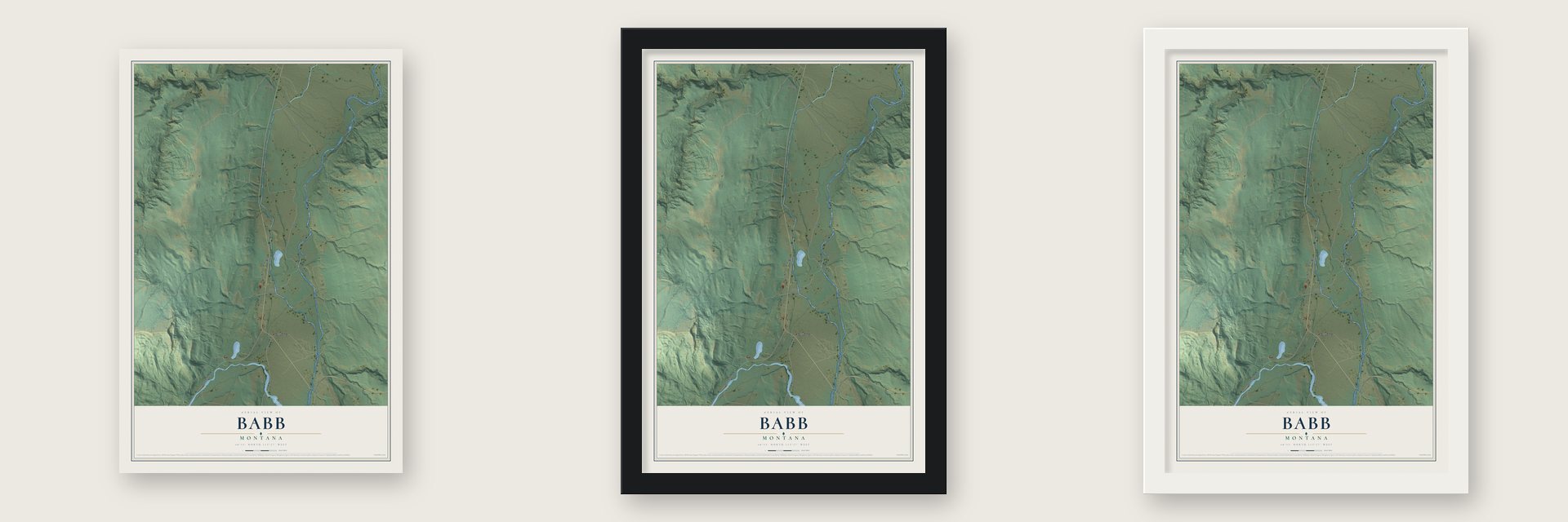 Babb, Montana map unframed, in a black wood frame and in a white wood frame