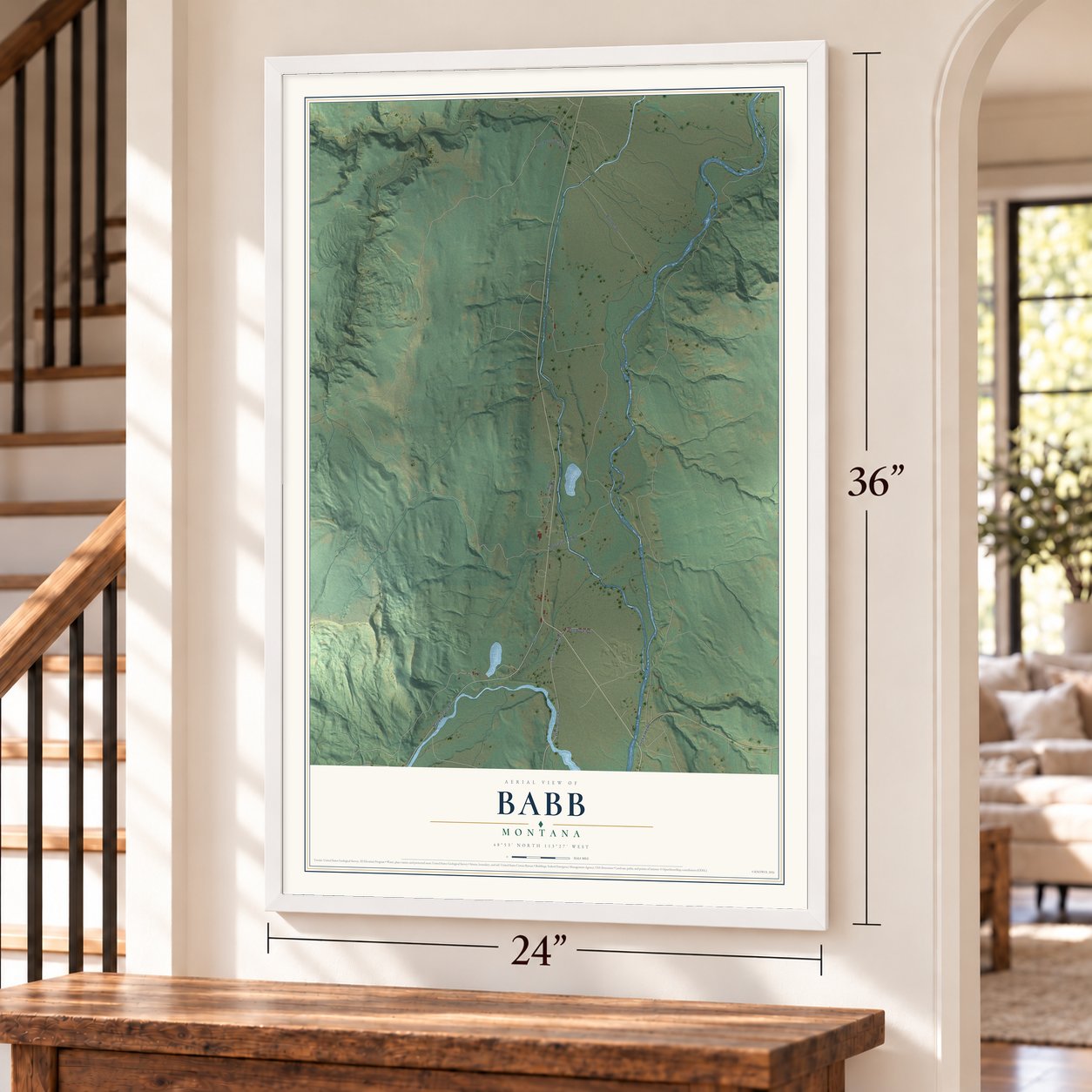 Babb, Montana map, 24 x 36 inch print in a white frame by a staircase