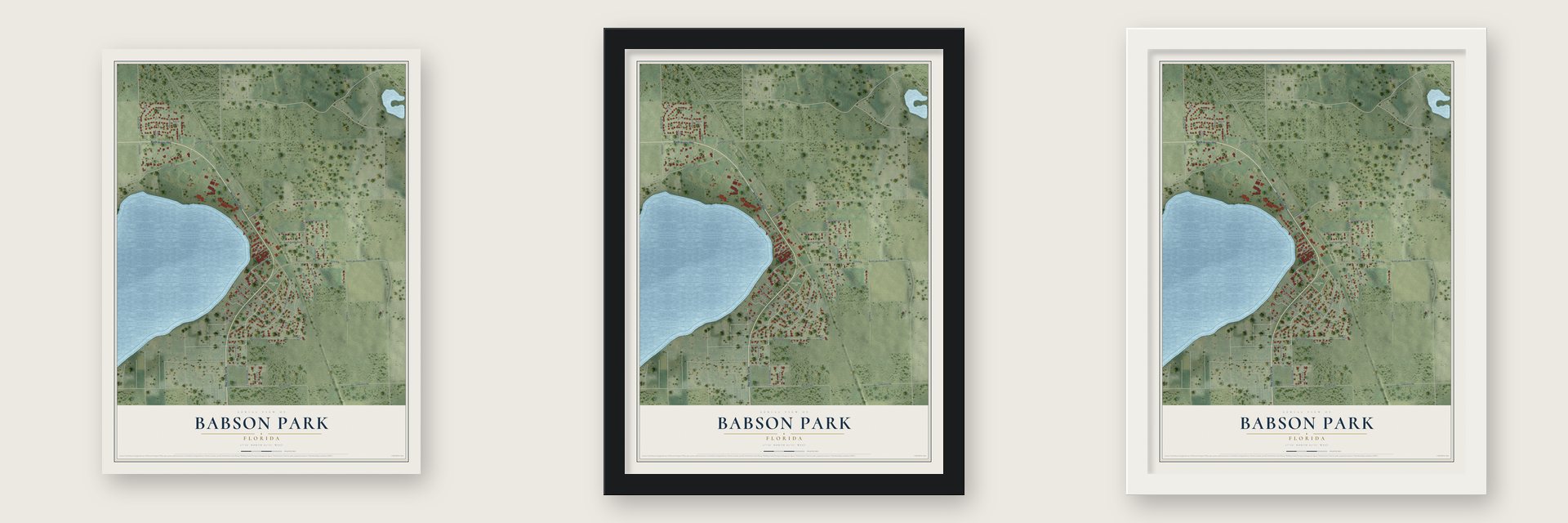 Babson Park, Florida map unframed, in a black wood frame and in a white wood frame