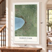 Babson Park, Florida map, 24 x 36 inch print in a white frame by a staircase