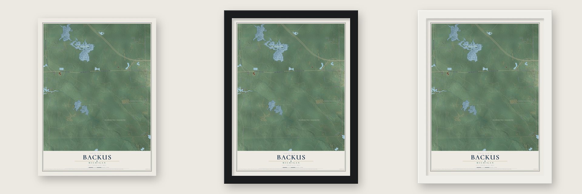 Backus, Michigan map unframed, in a black wood frame and in a white wood frame