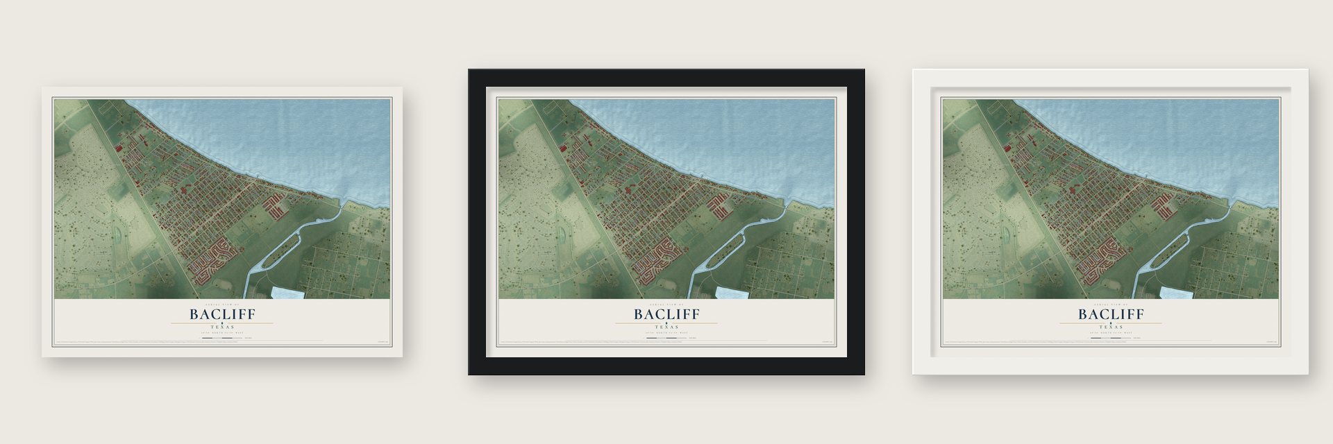 Bacliff, Texas map unframed, in a black wood frame and in a white wood frame