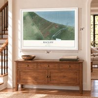 Bacliff, Texas map, 24 x 36 inch print in a white frame above a dresser by a staircase
