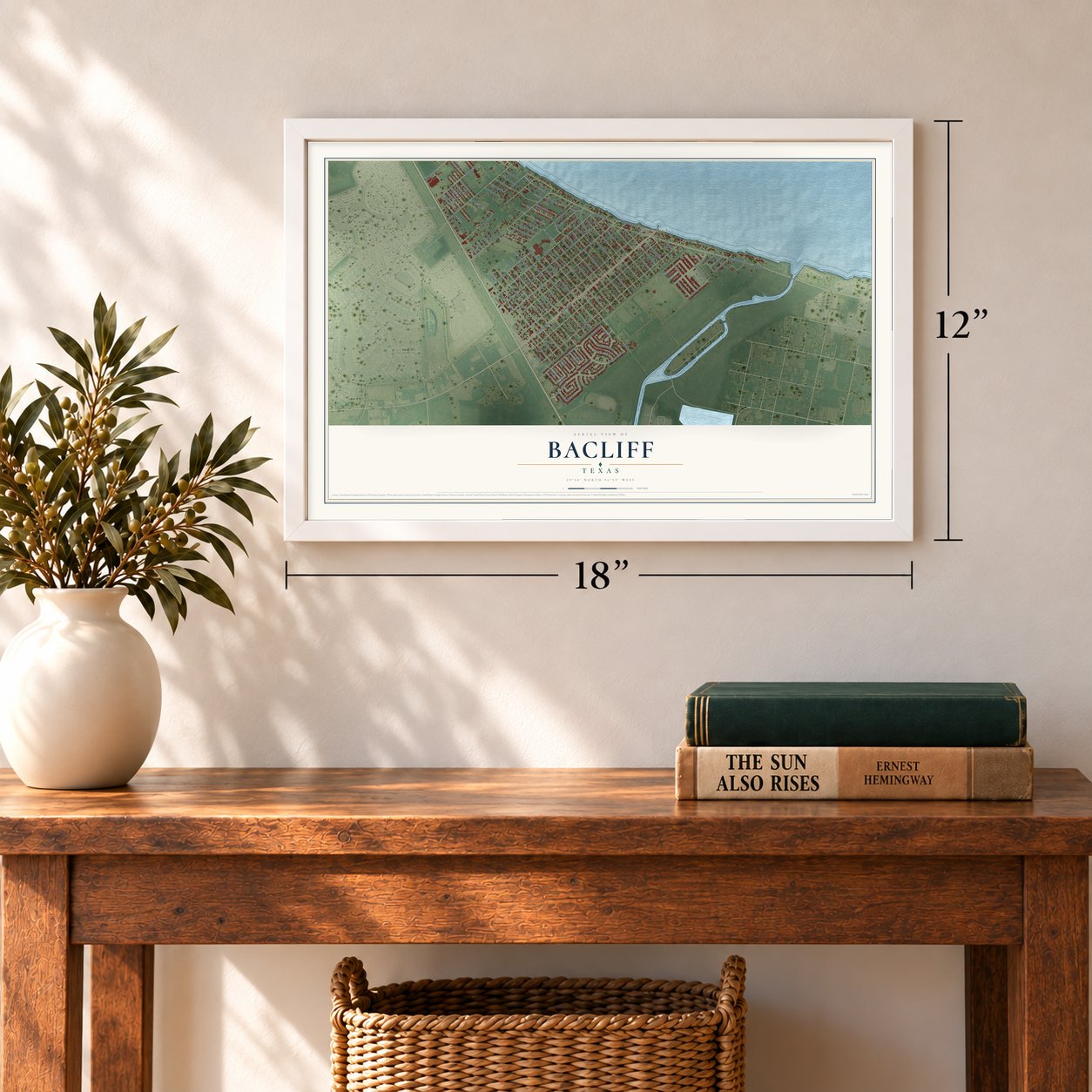 Bacliff, Texas map, 12 x 18 inch print in a white frame in an entryway