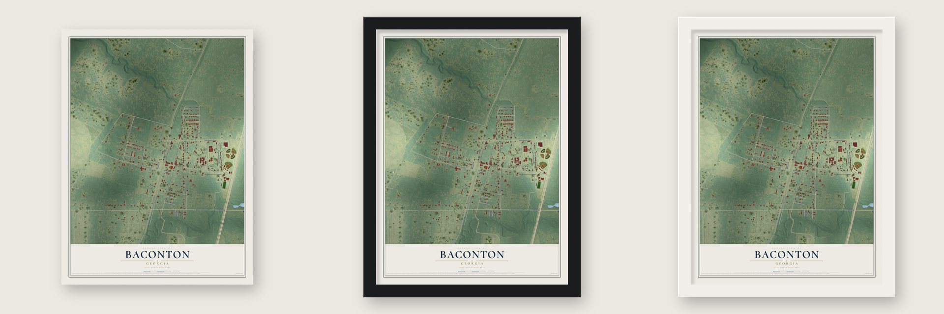 Baconton, Georgia map unframed, in a black wood frame and in a white wood frame