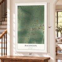 Baconton, Georgia map, 24 x 36 inch print in a white frame by a staircase