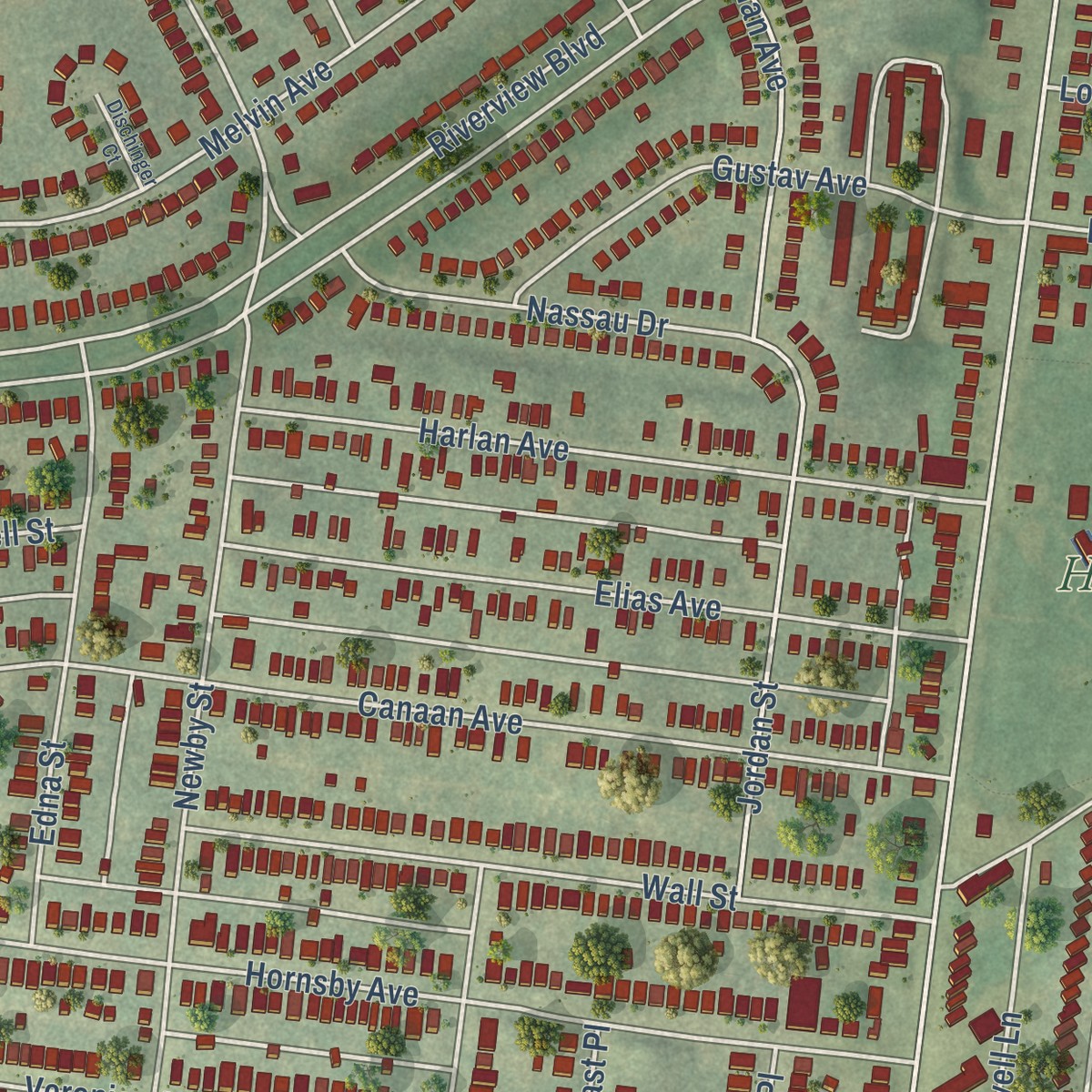 Second close-up of the map of Baden, Missouri print showing more streets and buildings