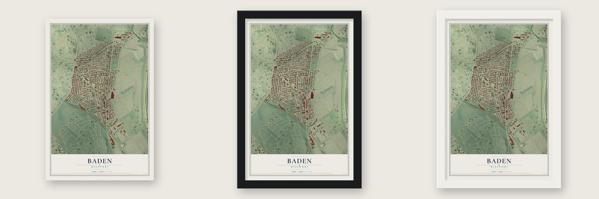 Baden, Missouri map unframed, in a black wood frame and in a white wood frame