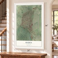 Baden, Missouri map, 24 x 36 inch print in a white frame by a staircase