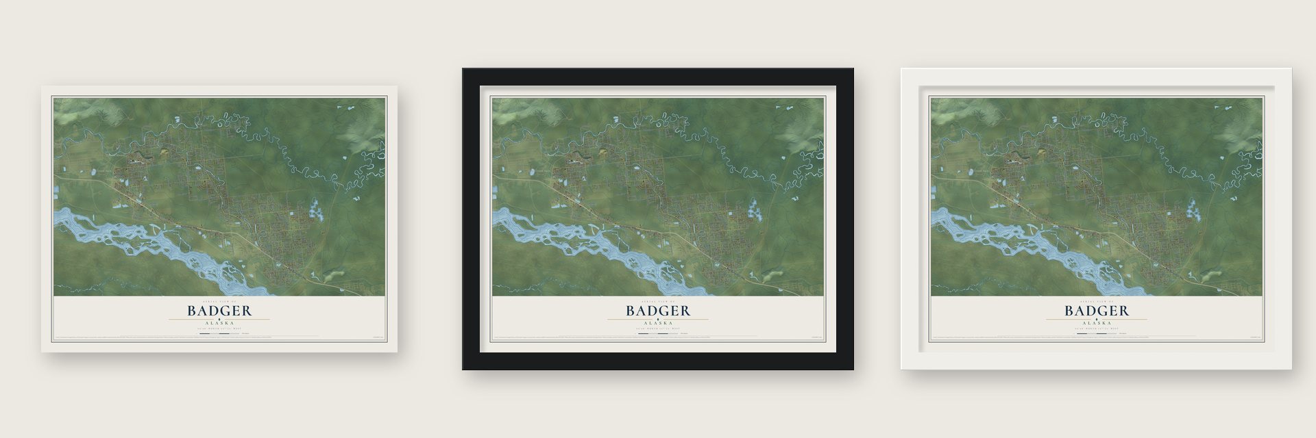 Badger, Alaska map unframed, in a black wood frame and in a white wood frame
