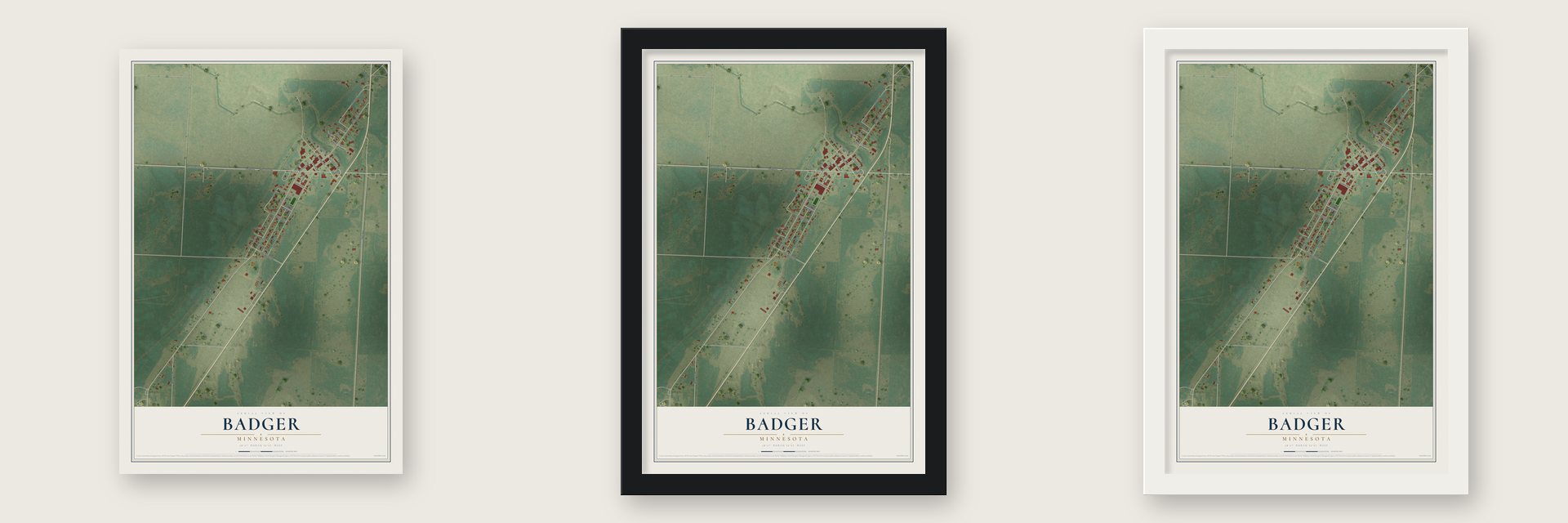 Badger, Minnesota map unframed, in a black wood frame and in a white wood frame