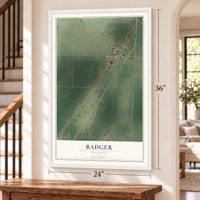 Badger, Minnesota map, 24 x 36 inch print in a white frame by a staircase