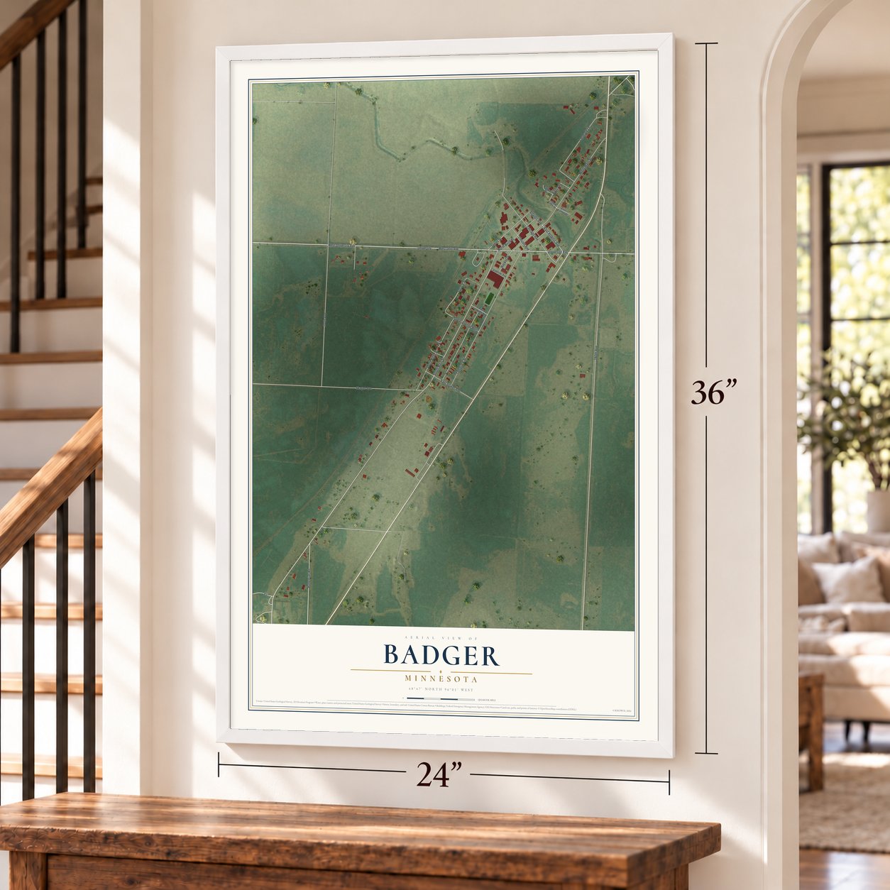 Badger, Minnesota map, 24 x 36 inch print in a white frame by a staircase