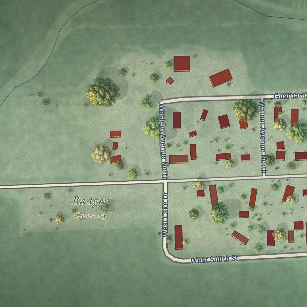Second close-up of the map of Badger, South Dakota print showing more streets and buildings
