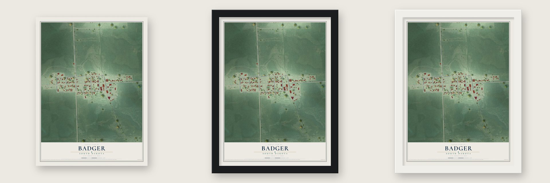 Badger, South Dakota map unframed, in a black wood frame and in a white wood frame