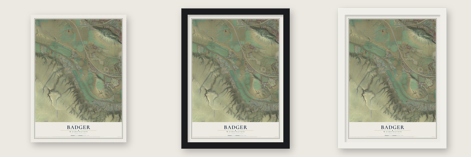 Badger, Washington map unframed, in a black wood frame and in a white wood frame