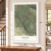 Badger, Washington map, 24 x 36 inch print in a white frame by a staircase
