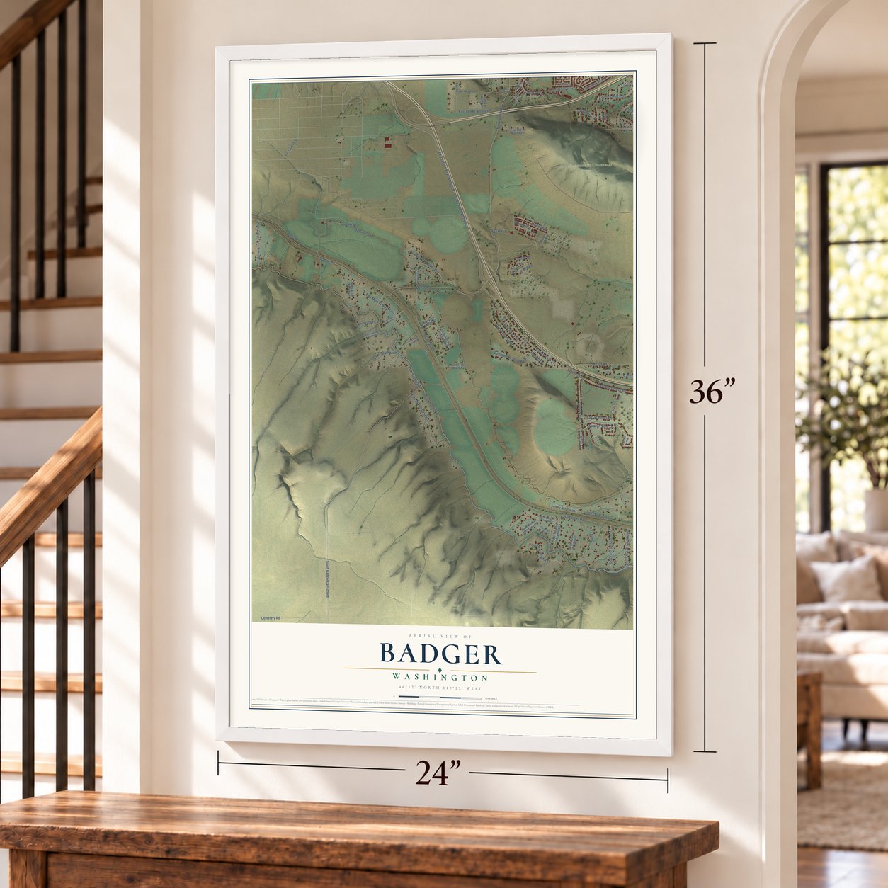 Badger, Washington map, 24 x 36 inch print in a white frame by a staircase