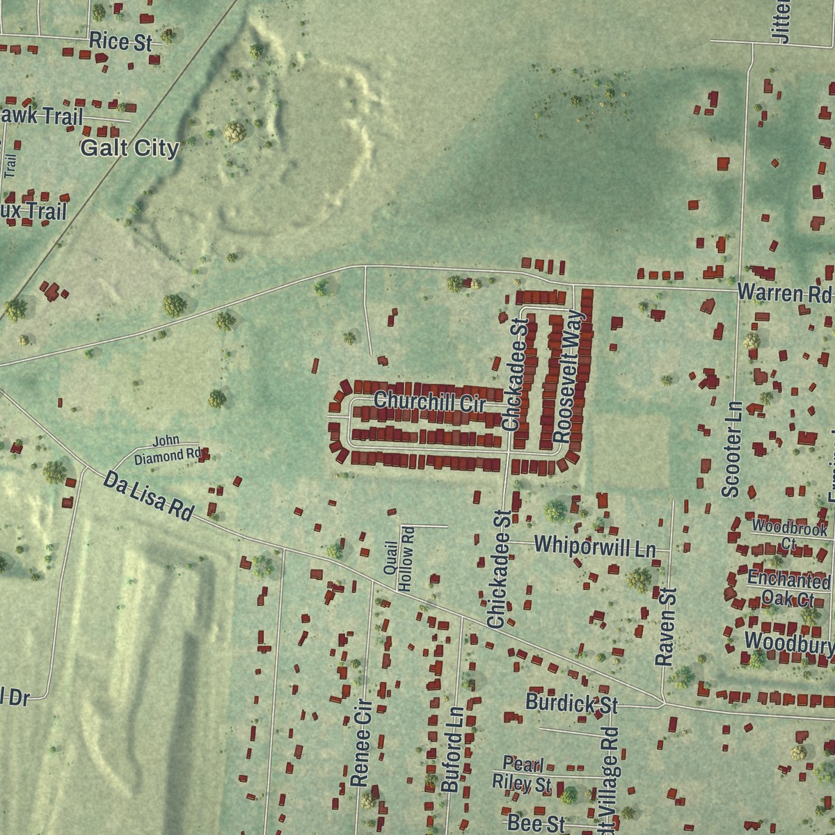 Second close-up of the map of Bagdad, Florida print showing more streets and buildings