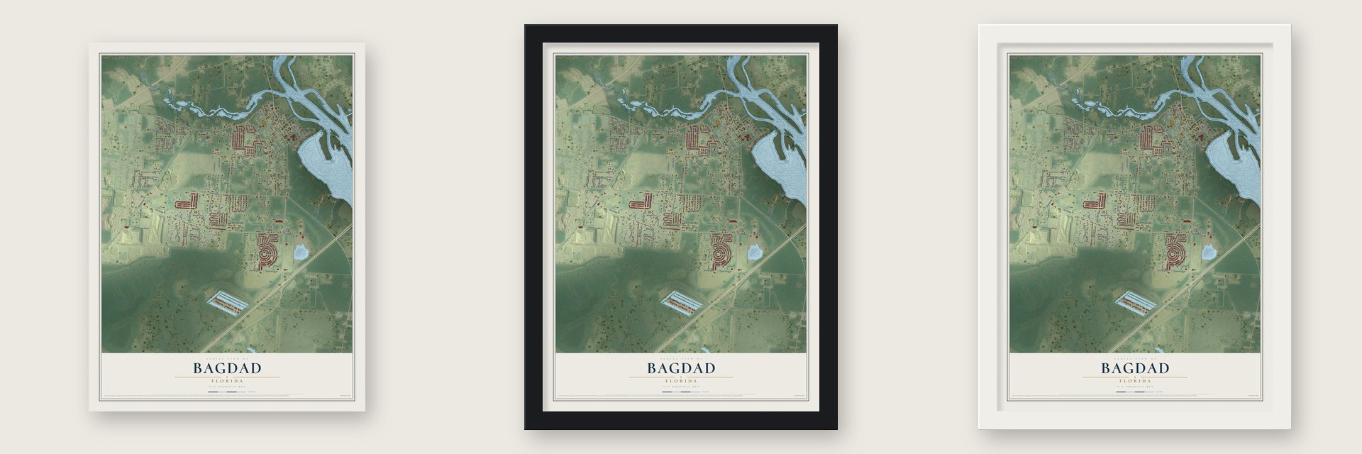 Bagdad, Florida map unframed, in a black wood frame and in a white wood frame