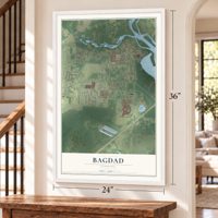 Bagdad, Florida map, 24 x 36 inch print in a white frame by a staircase