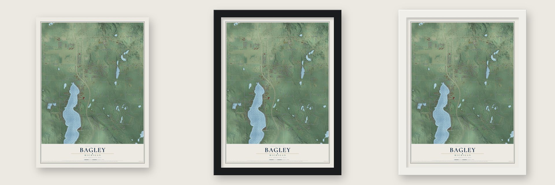 Bagley, Michigan map unframed, in a black wood frame and in a white wood frame