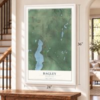 Bagley, Michigan map, 24 x 36 inch print in a white frame by a staircase