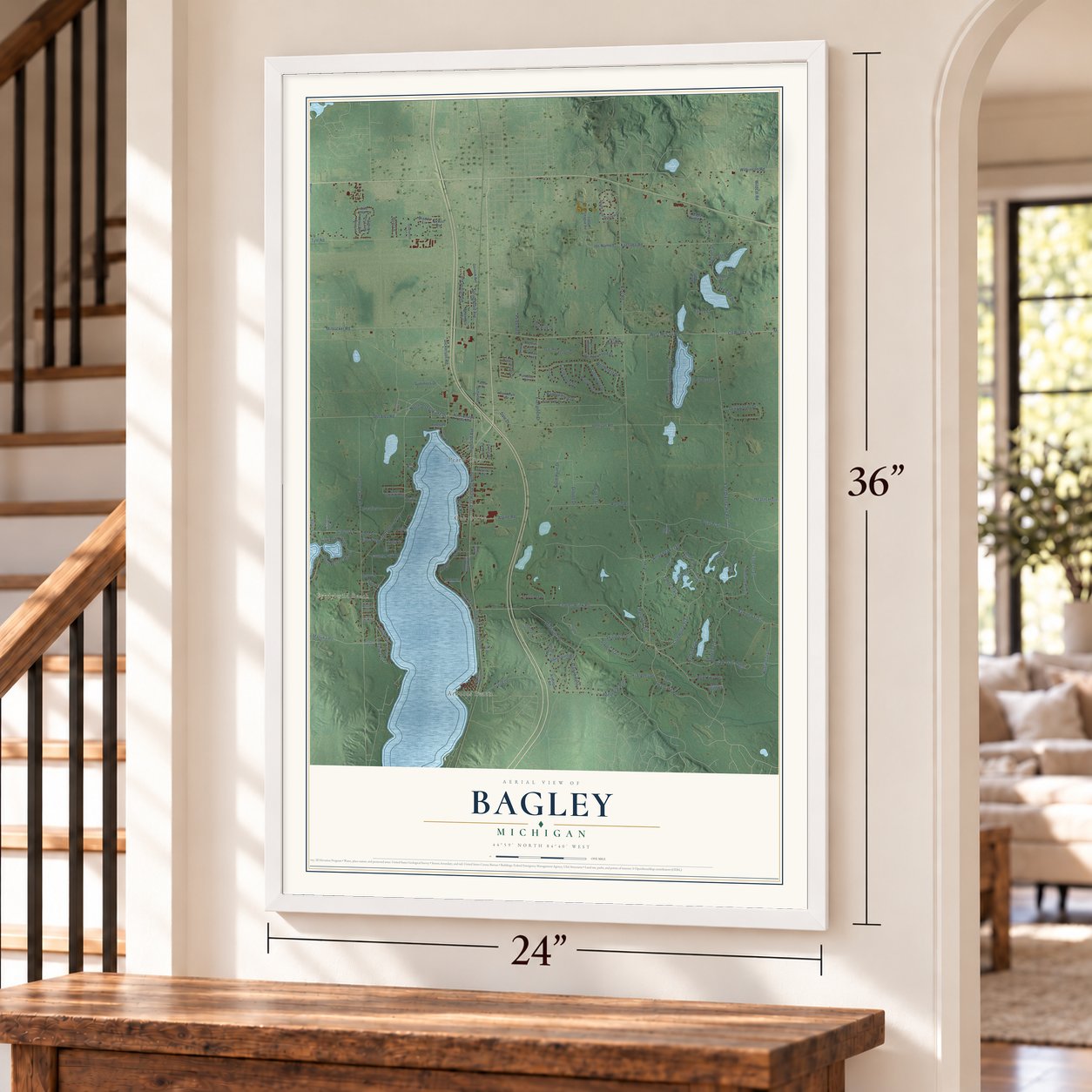 Bagley, Michigan map, 24 x 36 inch print in a white frame by a staircase