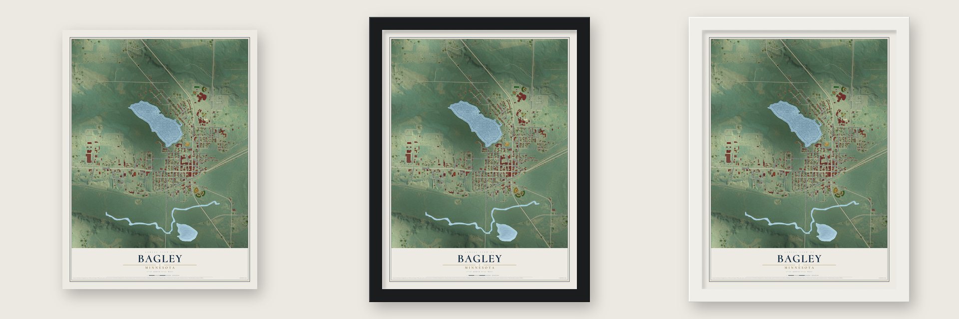 Bagley, Minnesota map unframed, in a black wood frame and in a white wood frame