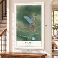 Bagley, Minnesota map, 24 x 36 inch print in a white frame by a staircase