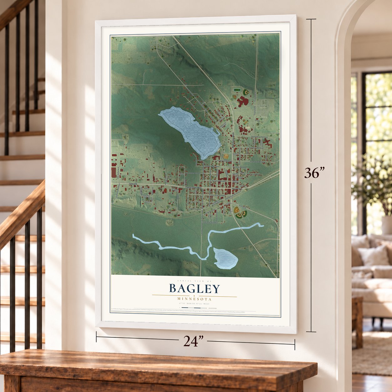 Bagley, Minnesota map, 24 x 36 inch print in a white frame by a staircase