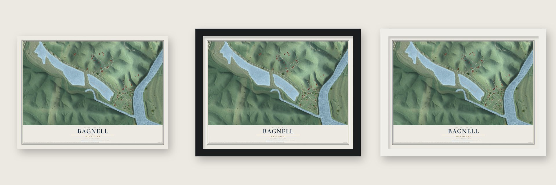Bagnell, Missouri map unframed, in a black wood frame and in a white wood frame