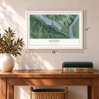 Bagnell, Missouri map, 12 x 18 inch print in a white frame in an entryway