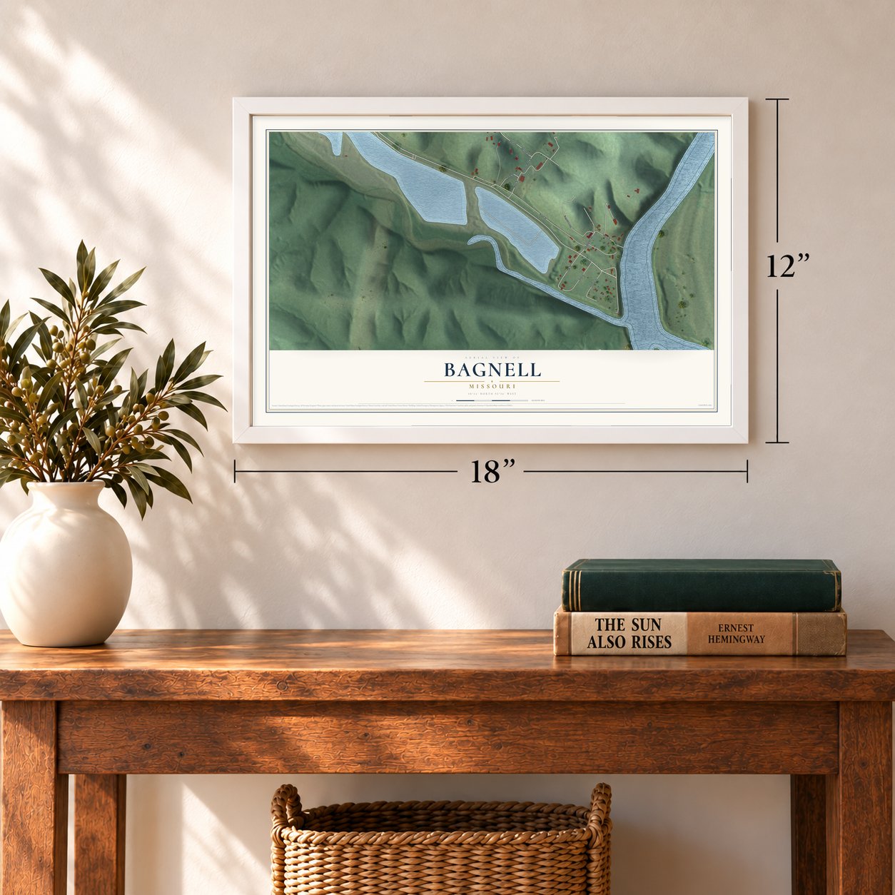 Bagnell, Missouri map, 12 x 18 inch print in a white frame in an entryway