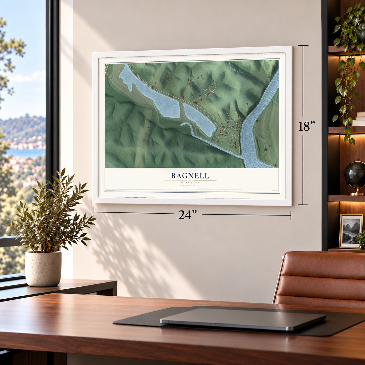 Bagnell, Missouri map, 18 x 24 inch print in a white frame in a home office