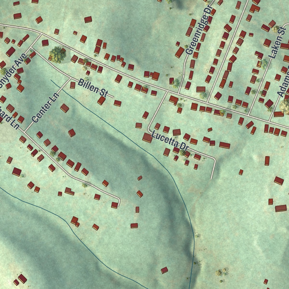 Second close-up of the map of Baidland, Pennsylvania print showing more streets and buildings