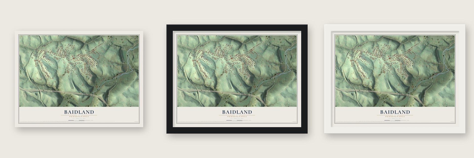 Baidland, Pennsylvania map unframed, in a black wood frame and in a white wood frame