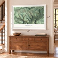 Baidland, Pennsylvania map, 24 x 36 inch print in a white frame above a dresser by a staircase