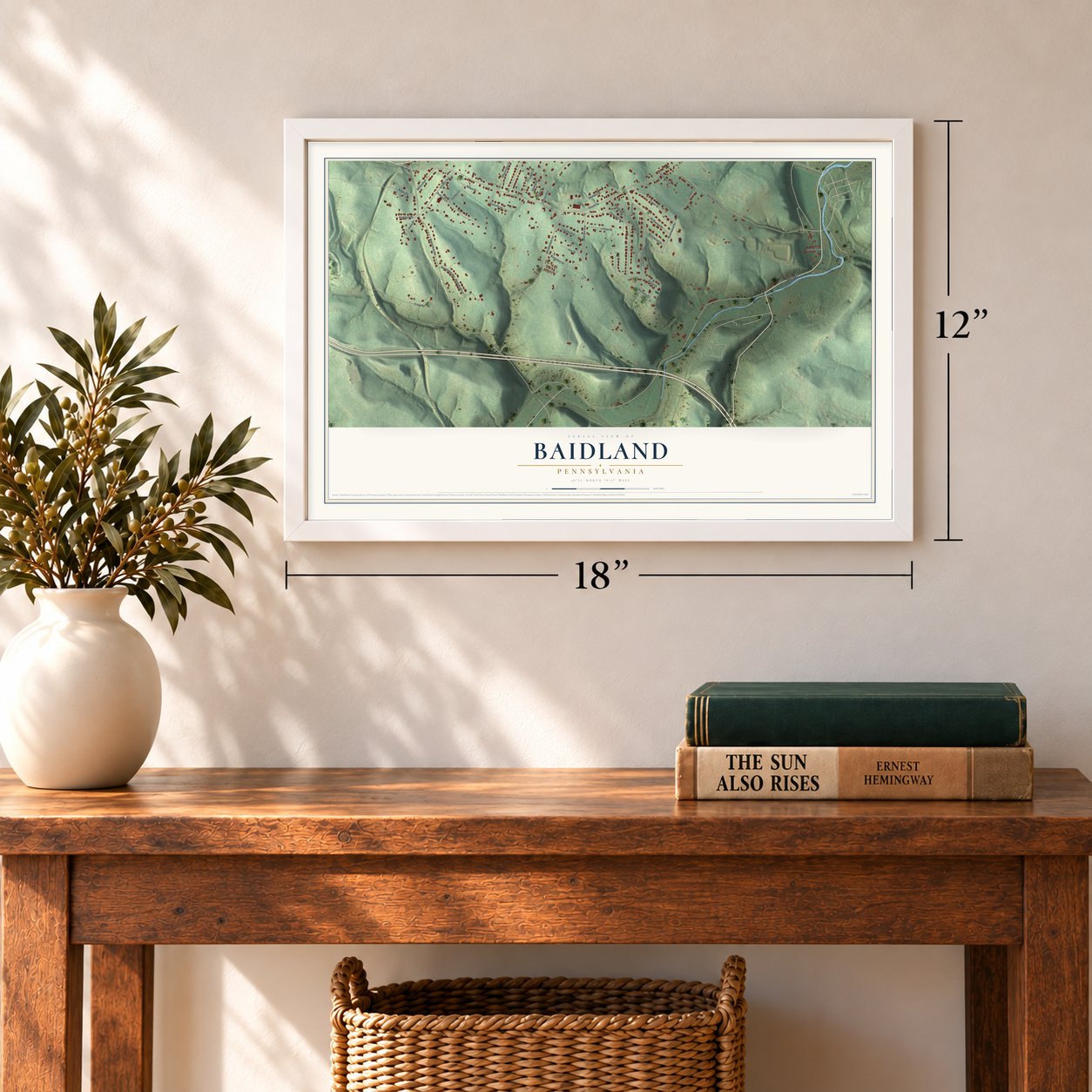 Baidland, Pennsylvania map, 12 x 18 inch print in a white frame in an entryway