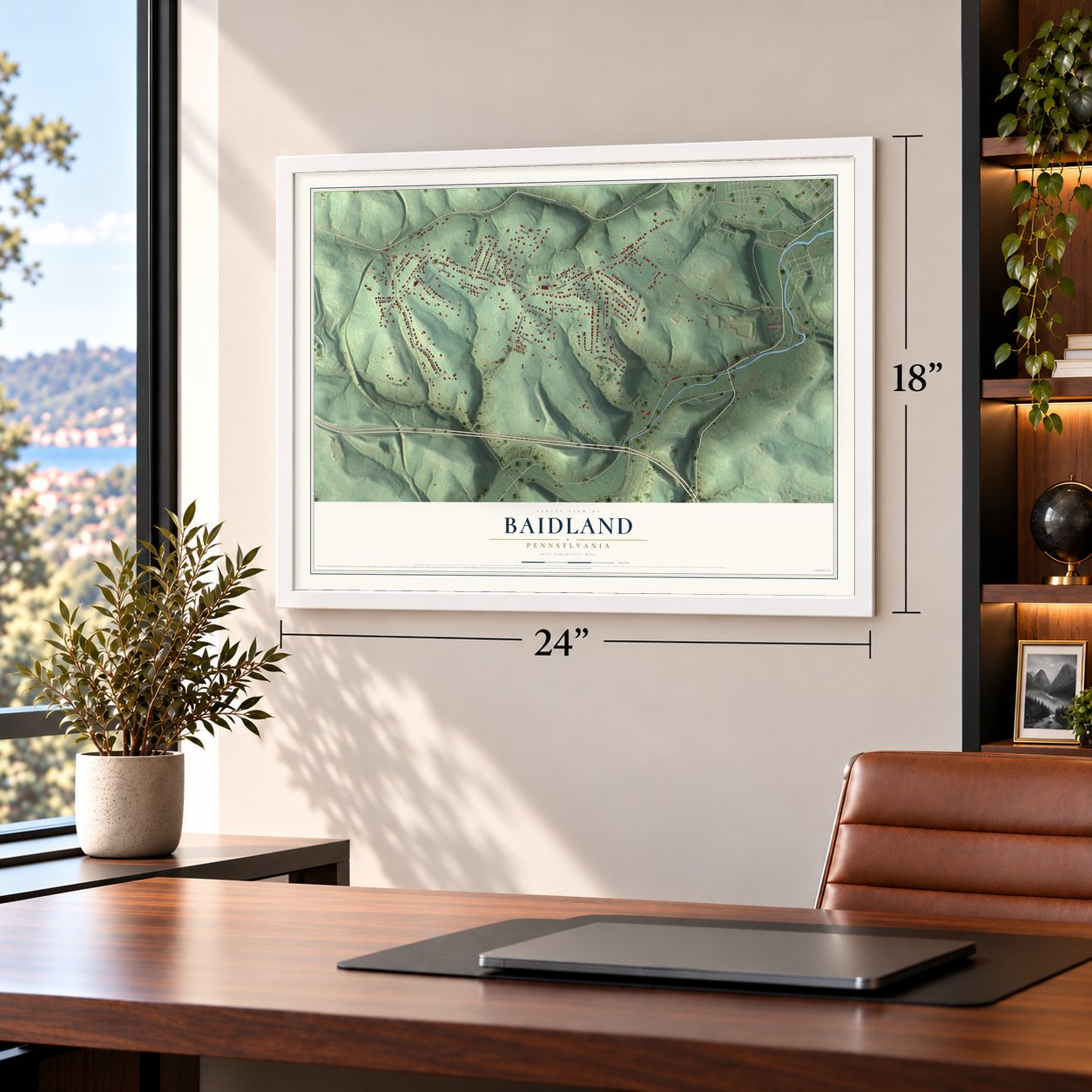Baidland, Pennsylvania map, 18 x 24 inch print in a white frame in a home office