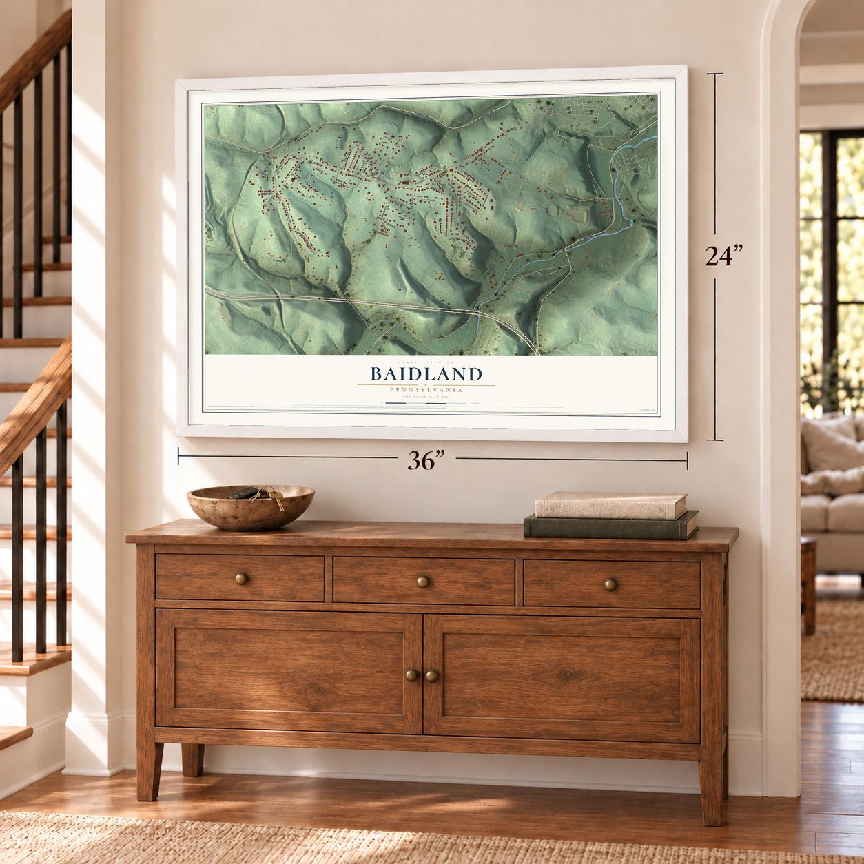 Baidland, Pennsylvania map, 24 x 36 inch print in a white frame above a dresser by a staircase
